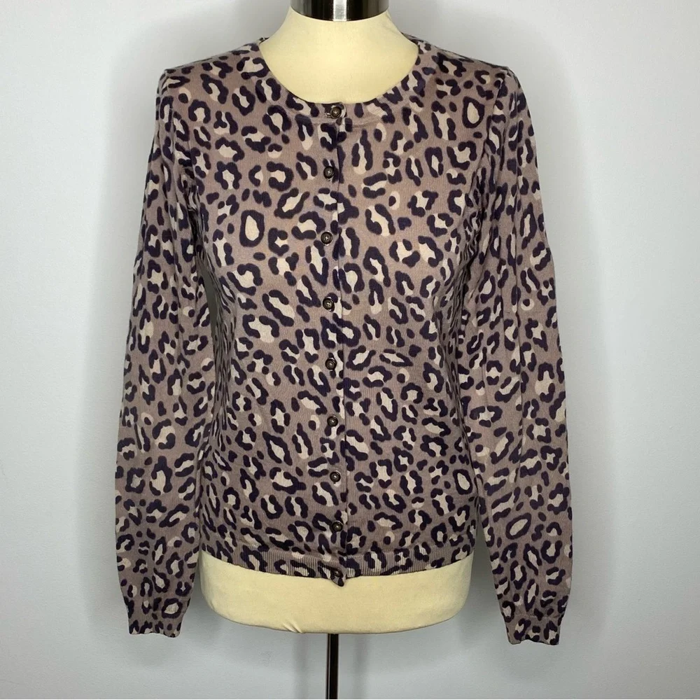 Boden Leopard Wool Button Front Crew Neck Cardigan Sweater